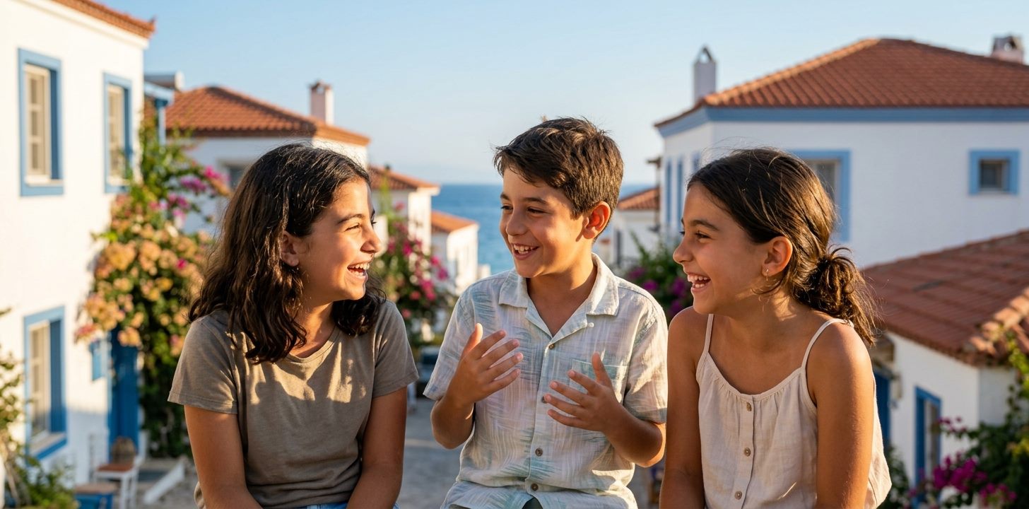 Ayvalık'ta gülümseyen, İngilizce konuşan çocuklar