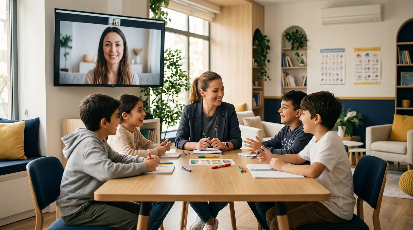 English Studio'da öğretmen rehberliğinde İngilizce konuşan çocuklar; ekranda AI English Tutor