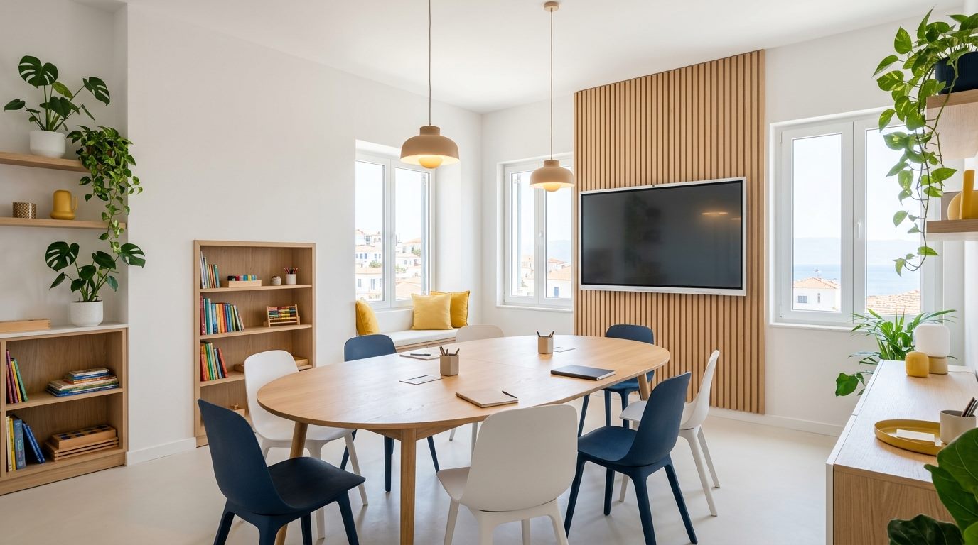English Studio Ayvalık küçük grup sınıfı: oval masa, akıllı ekran, kitaplık ve deniz manzaralı pencereler